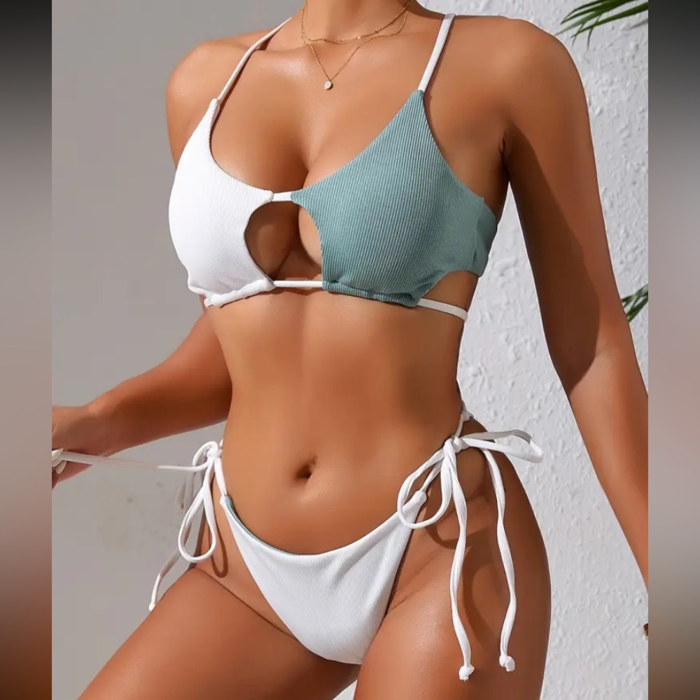 Sage & white peekaboo bikini set
